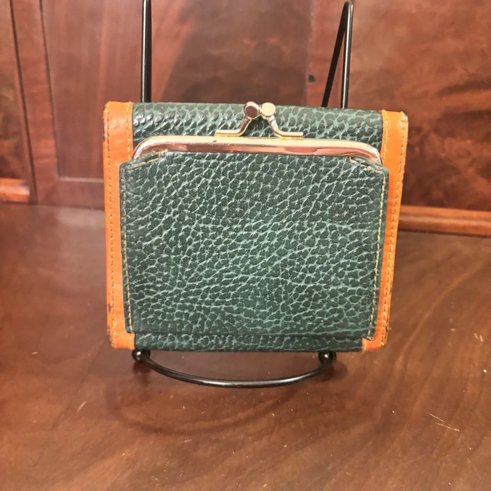 Dooney & Bourke All Weather Leather Green Tan Kiss Lock Wallet Coin Purse